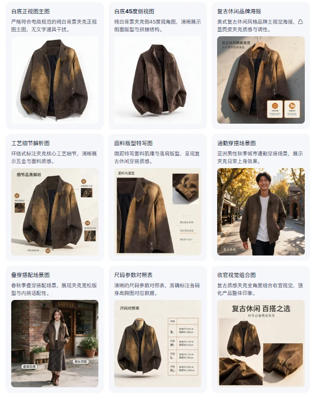 商品套图界面示意：上传一张商品图，一键生成主图、白底、45°、侧面、细节、场景、包装、卖点、对比九张视图
